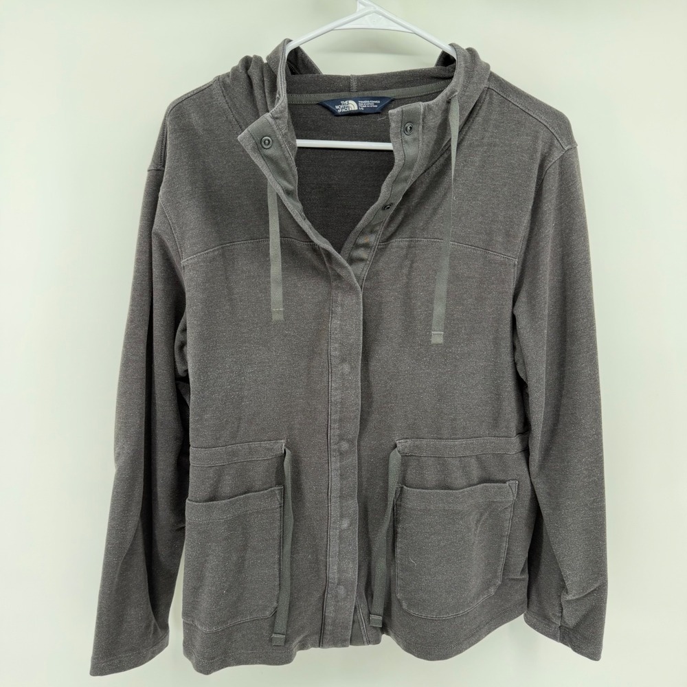 The North Face Womens Gray Snap Front Hooded Drawstring Waist Jacket NF0A3SVP L